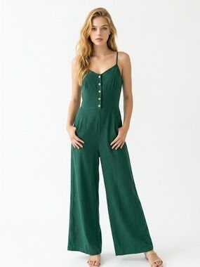 june & hudson Deep Green Button-Front Wide Leg Jumpsuit